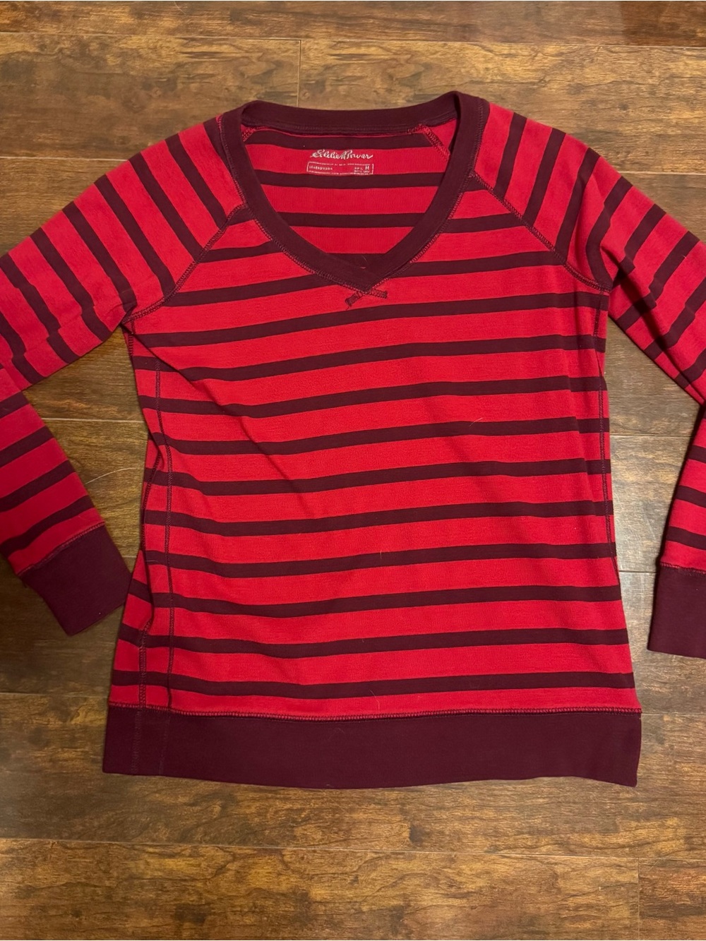 Eddie Bauer Red and Burgundy Striped V-Neck Sweater